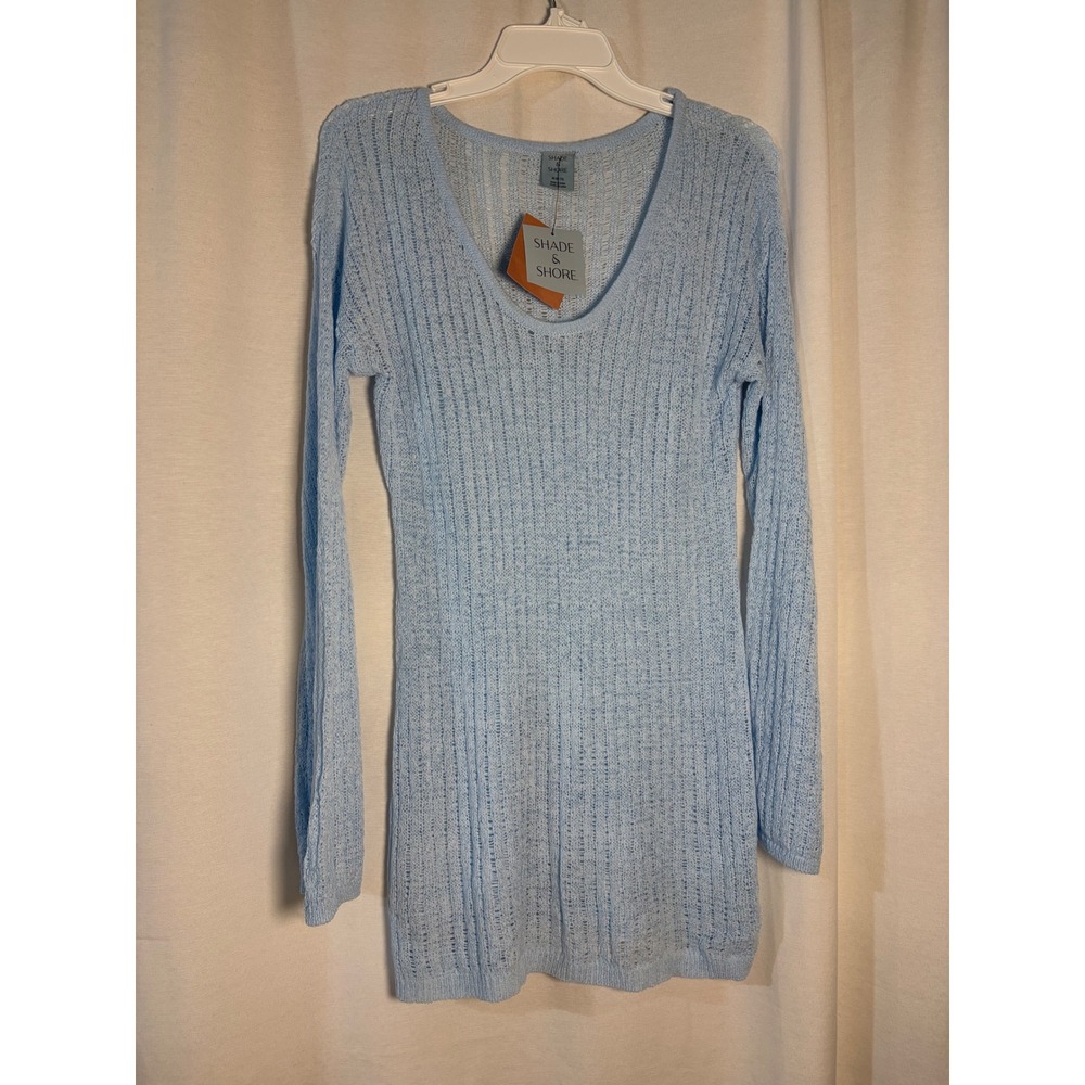 Shade & Shore Blue Pointelle Knit Long Sleeve Swim Cover Up Dress Medium NWT
